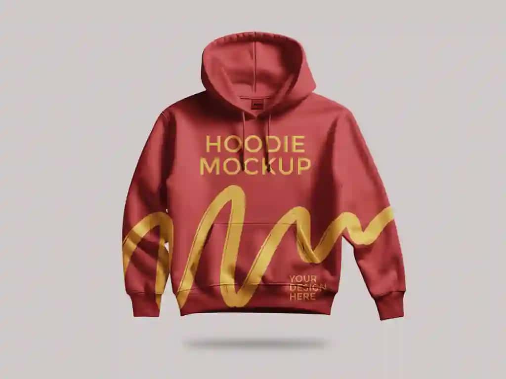 Sariq to'lqinsimon dizayndagi matnli qizil qalpoqli sviter | Red hooded sweatshirt with yellow wavy design text