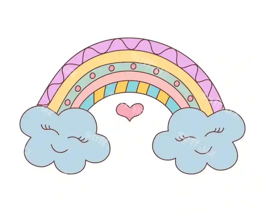 Yoqimli kawaii dudli kamalak bulutlar bilan chizilgan rangli vektor | Cute kawaii doodle rainbow with clouds hand drawn colorful vector