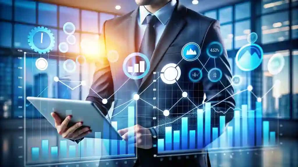 Ishbilarmon raqamli planshet ma'lumotlar jadvallarini tahlil qilmoqda | Businessman analyzing data charts digital tablet