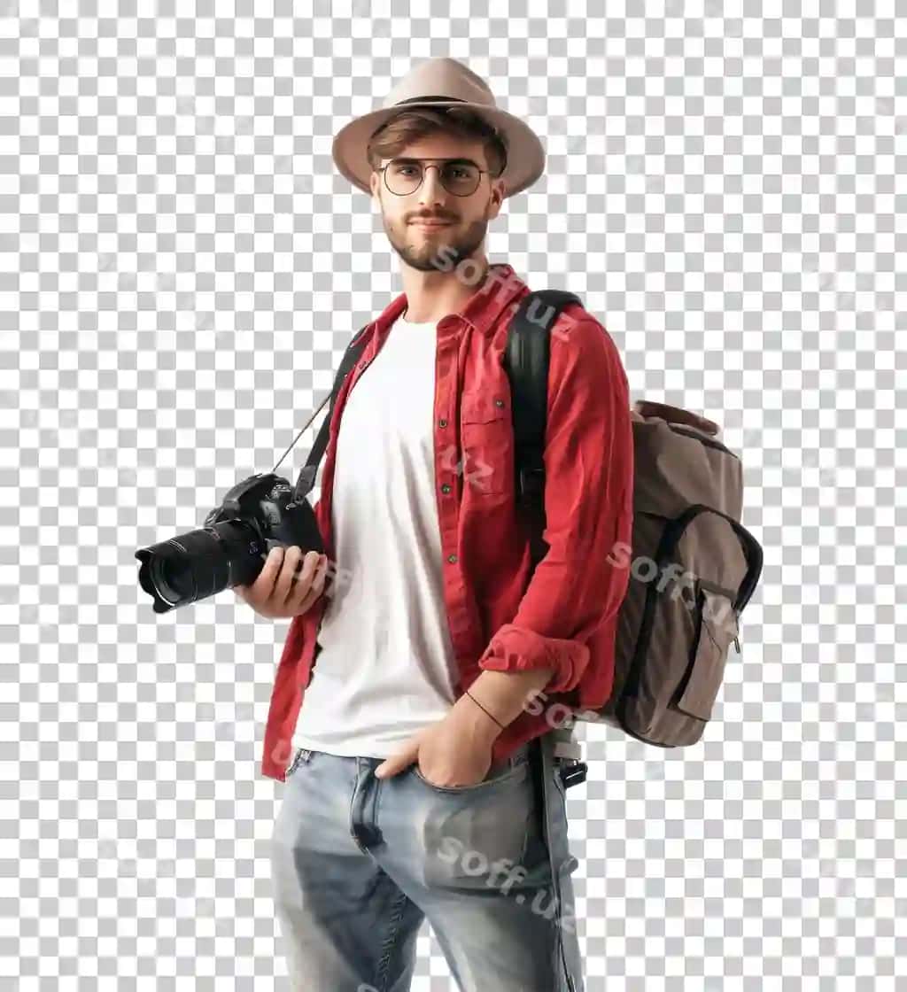Ryukzak va fotoapparatli, shlyapa kiygan sayyoh, shaffof fonda ajratilgan | Traveler with backpack camera wearing hat isolated transparent background