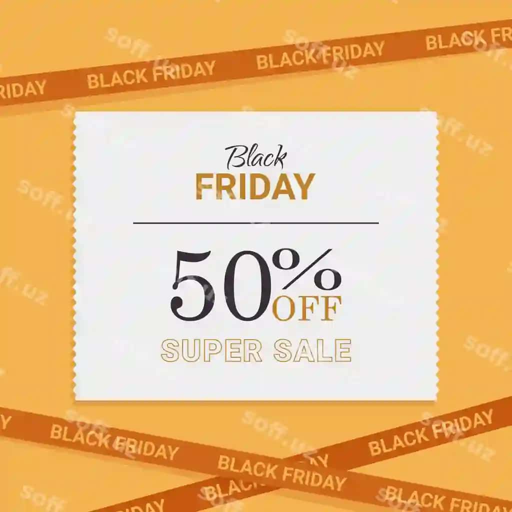Qora Juma 50% chegirma super sotuv sariq fonda rimslar bilan | Text black friday 50 off super sale yellow background with ribbons