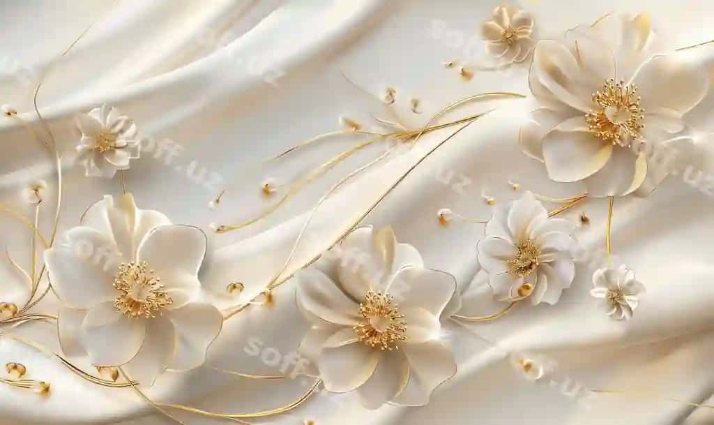 3d mural varaq gullari oltin krem ranglari mural varaq gullari yuqori sifatli AI generatsiyasi | 3d mural wallpaper flowers gold cream colors mural wallpaper flowers high quality ai generate