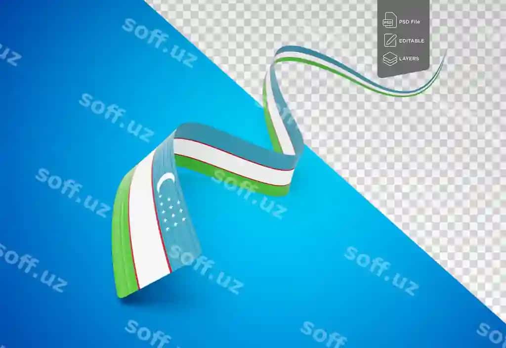 O'zbekiston bayroqi kulakli parlovchi O'zbekiston lentasi ko'k fonda 3D | Flag uzbekistan wavy shiny uzbekistan ribbon blue background 3d