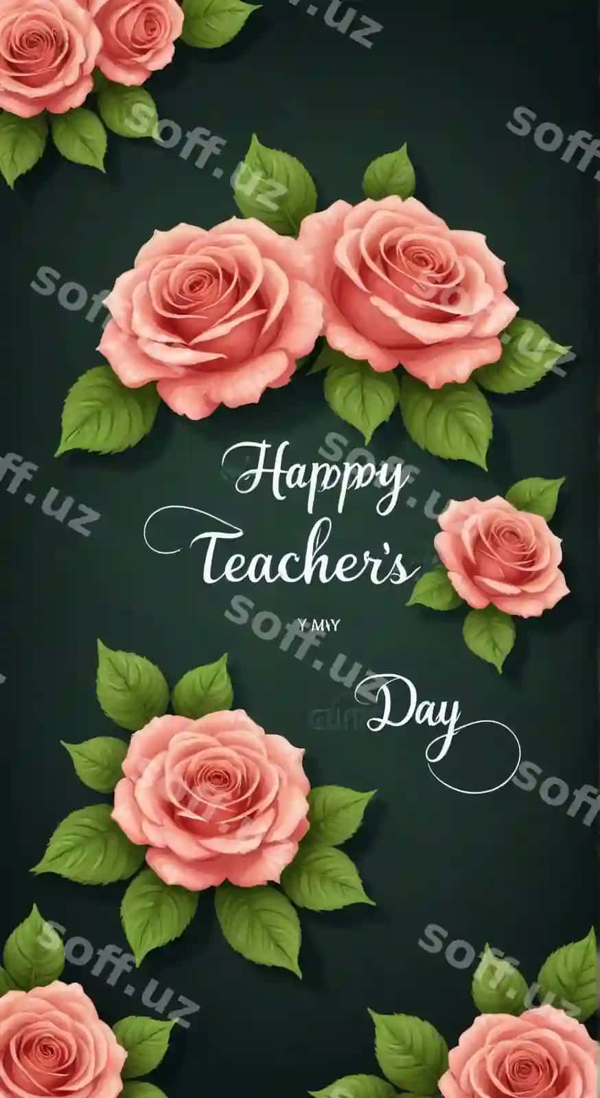 Pushti atirgul qora fon bilan o'qituvchilar kuni plakat | Poster teachers day with pink roses black background