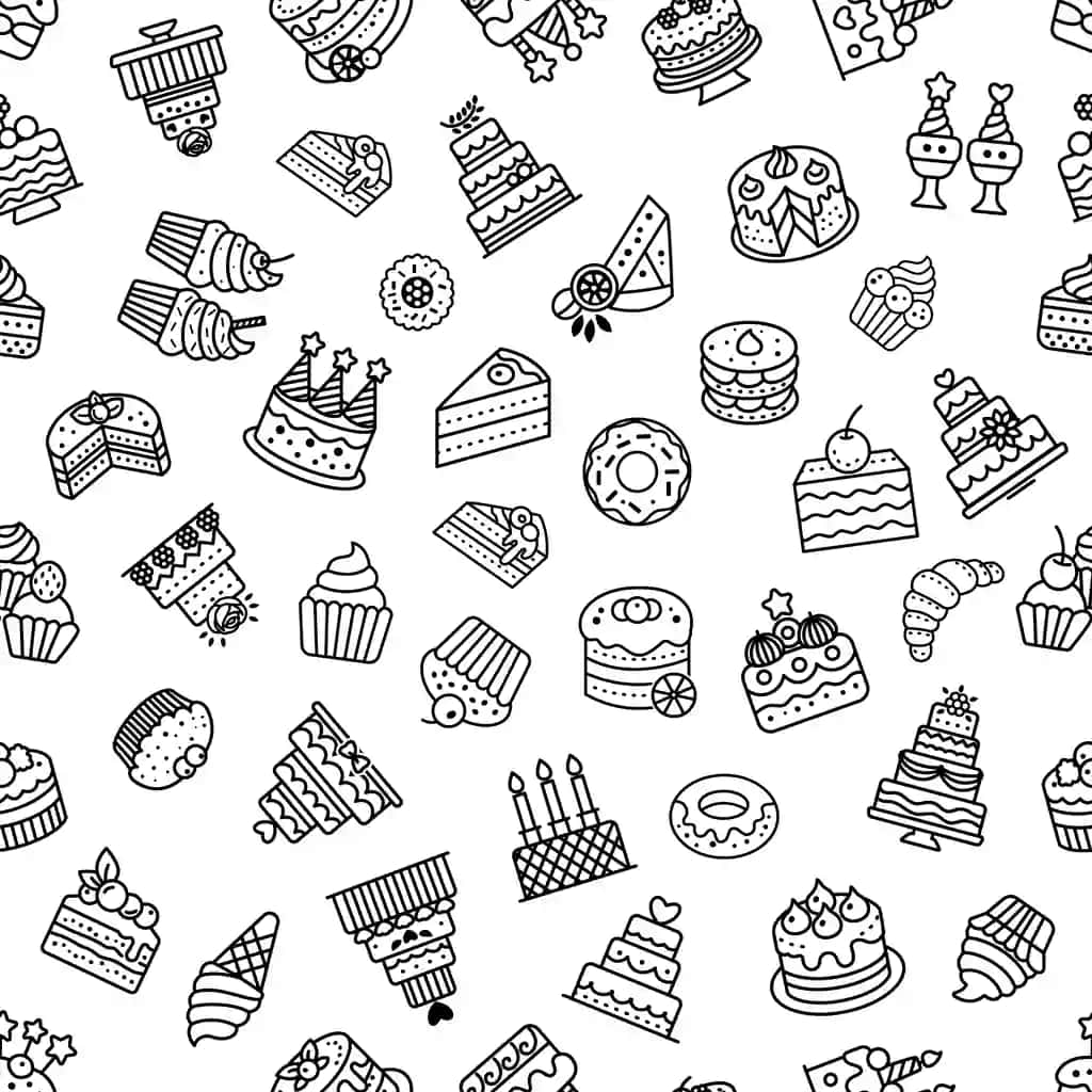 Turli xil keklarning shirinliklari qora oq vektorli tasvir | Pattern various cakes desserts black white vector illustration