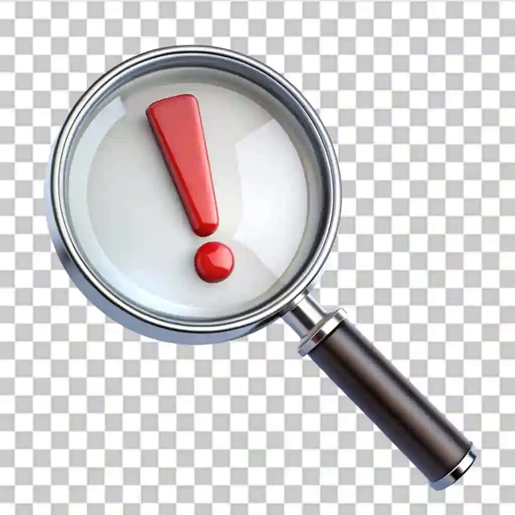 Undov belgisi bilan ajratilgan shaffof fonda kattalashtiruvchi oyna | Magnifying glass with exclamation point isolated transparent background