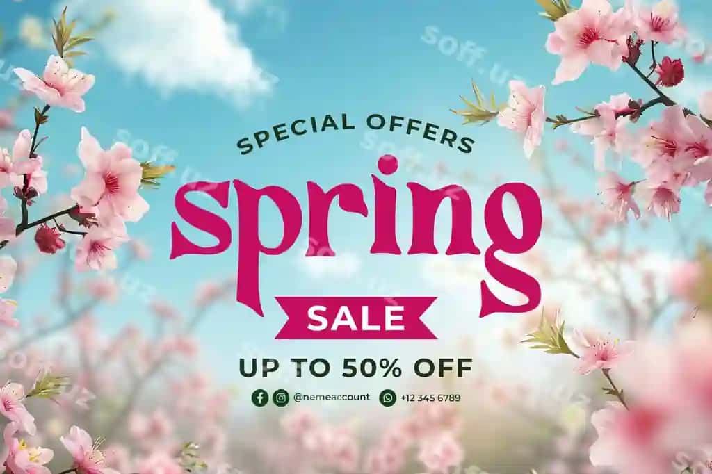 Bahor chegirmasi banner shabloni orqa fonda gullar chaman bahor | Spring sale banner template with background flowers grass spring