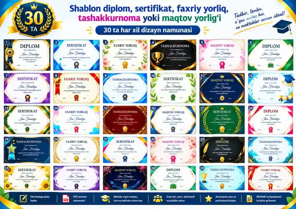 Shablon diplom, sertifikat, faxriy yorliq, tashakkurnoma yoki maqtov yorlig'i 30 dona ZIPda