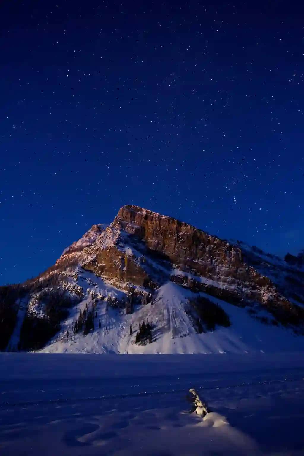 Yulduzli dala tuniga qarshi qorli tog'larning past burchakli ko'rinishi | Low angle view snowcapped mountains against star field night