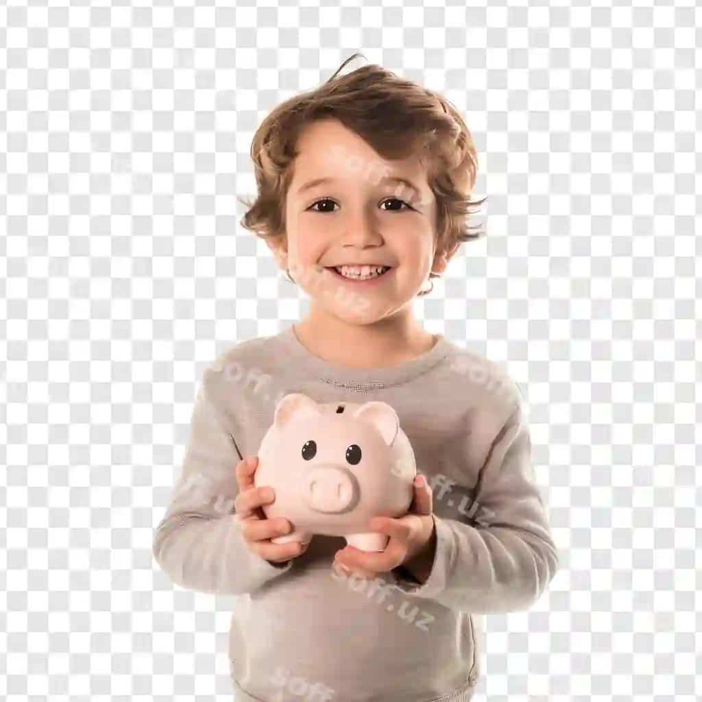 Gulchan yosh bola pulyonka tutgan qo'l bilan tik old tomondan ko'rinish | Smiling little boy standing with hand holding piggy bank front view