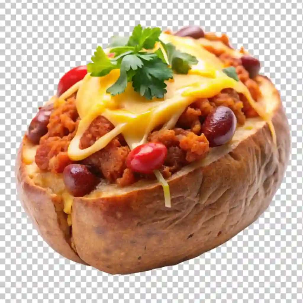 Chili pishloqli shaffof fon bilan pishirilgan kartoshka | Baked potato with chili cheese transparent background
