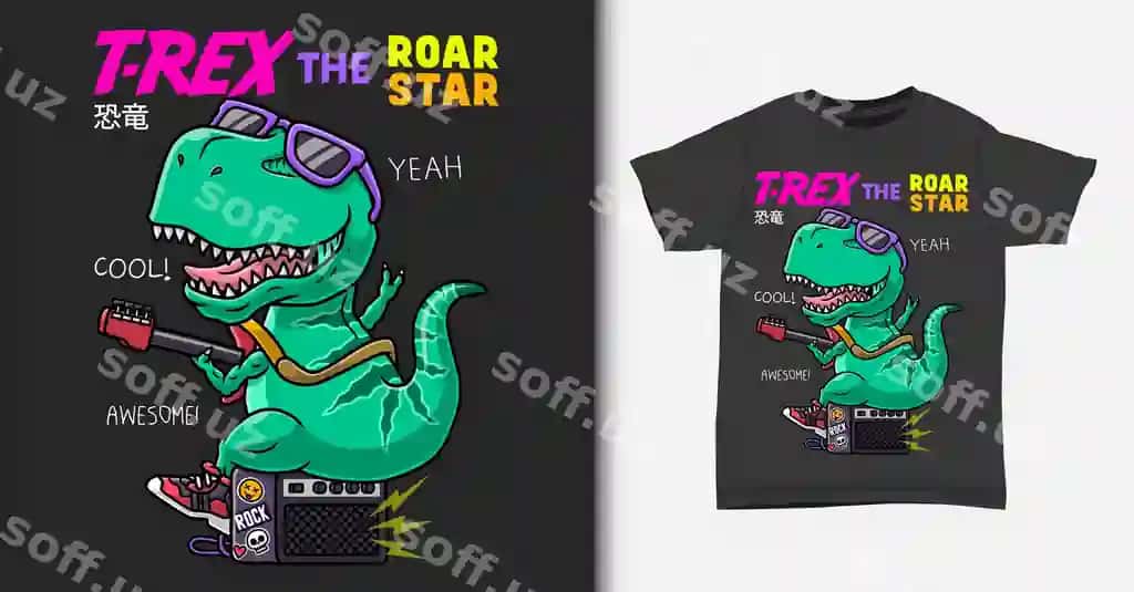 Dinozavr multfilmi dinozavr rok-yulduzi tasvirlangan futbolka bilan masxara | Dinosaur cartoon dinosaur rock star illustration with t shirt mock
