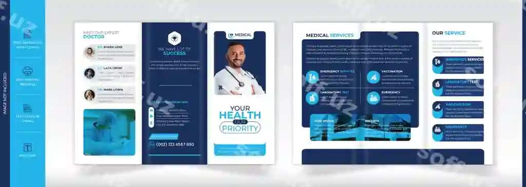 Tibbiy yillik hisobot uch qavatli broshyura dizayni shabloni | Medical annual report trifold brochure design template
