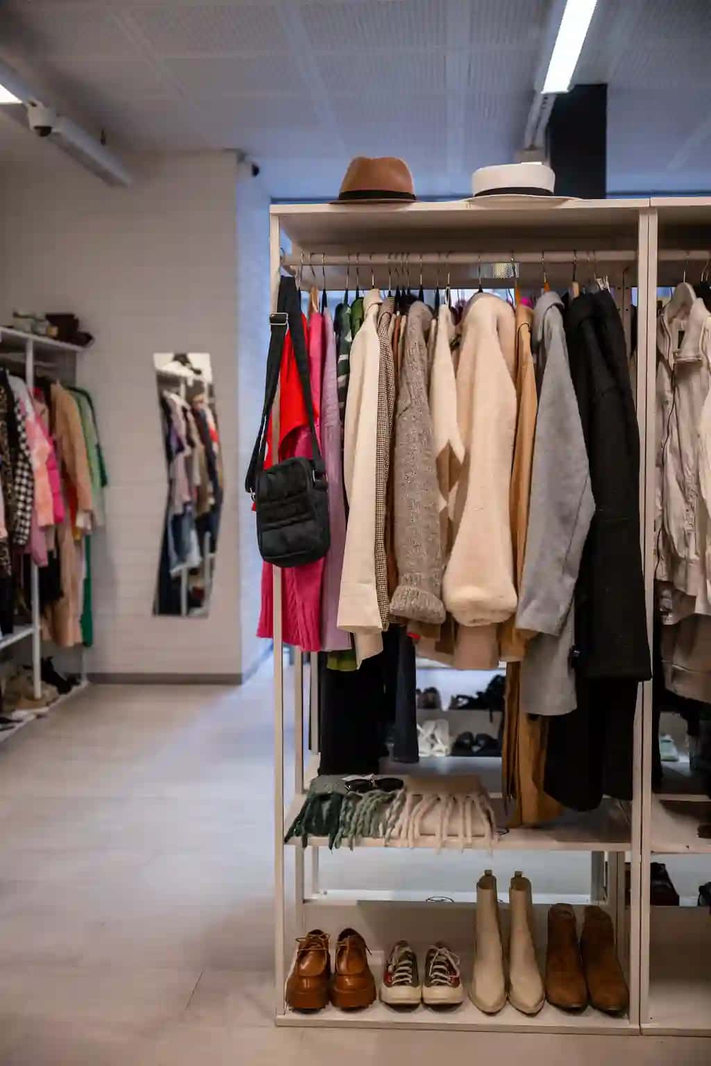 Pidjaklar kozoklari bo'lgan kiyim-kechak javonlari, aksessuarlar do'koni | Clothing rack with jackets sweaters accessories thrift store
