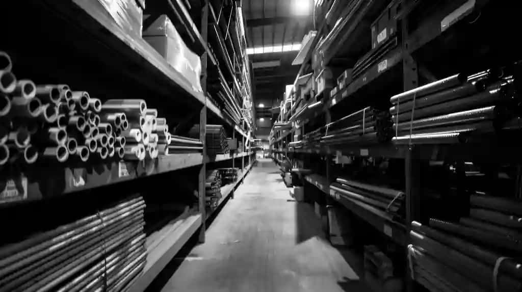 Po'lat quvurlar bilan to'ldirilgan keng burchakli tortishish ombori yo'lagi qora oq fotosuratda sanoat sozlamalari uyushgan staklar materiallarini ta'kidlaydi. | Wide angle shot warehouse aisle filled with steel pipes shelves black white photo emphasizes industrial setting organized stacks materials