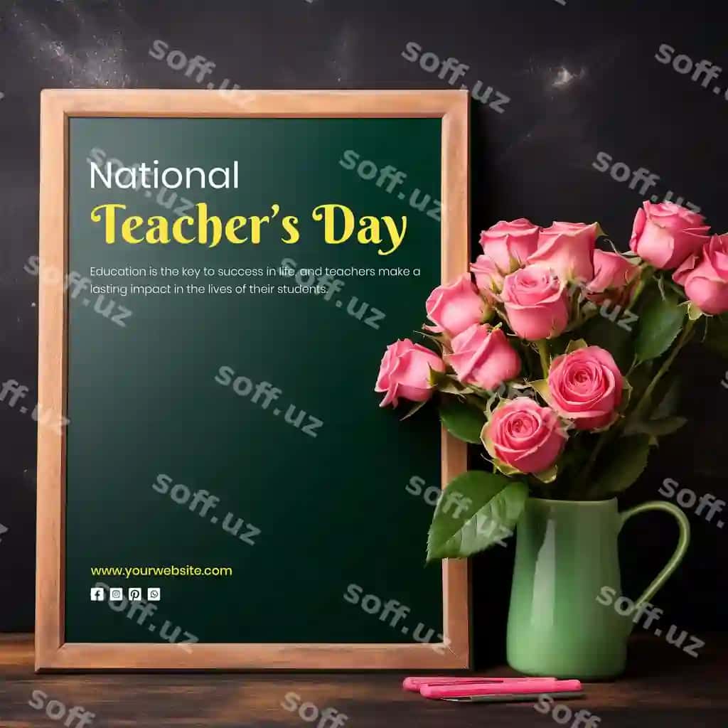 Pushti atirgullar bilan bezatilgan milliy o'qituvchilar kuni tushunchasi | National teachers day concept blackboard with pink roses decoration