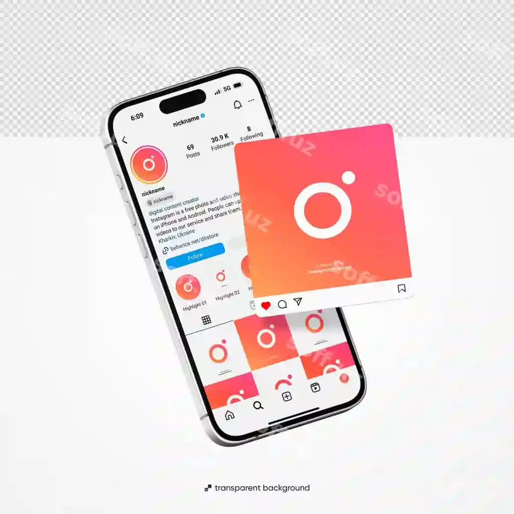 Psd instagram Iphone 15 pro mockup bilan tahrirlanga olgan orqa fonda | Psd instagram with iphone 15 pro mockup with editable background