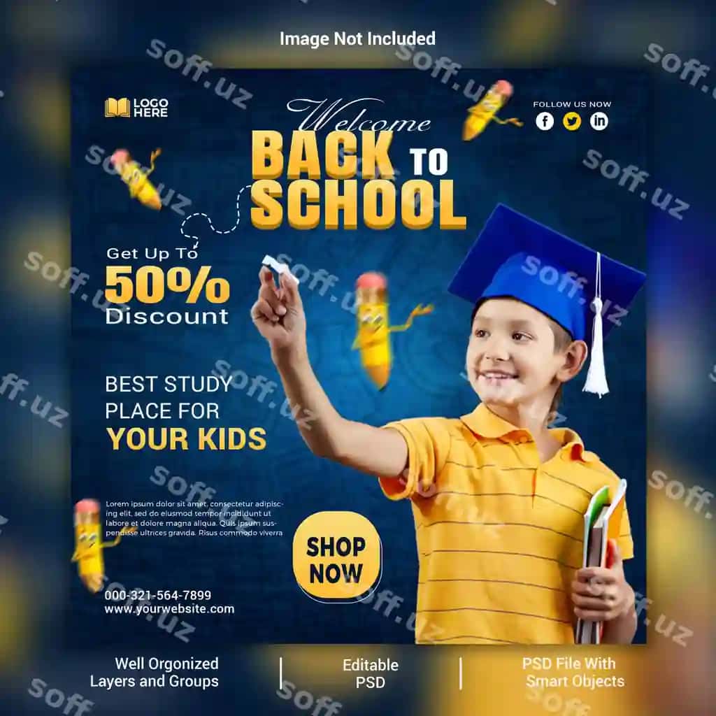 Maktabgacha ta'lim ijtimoiy media post shabloni | Back school education social media post template