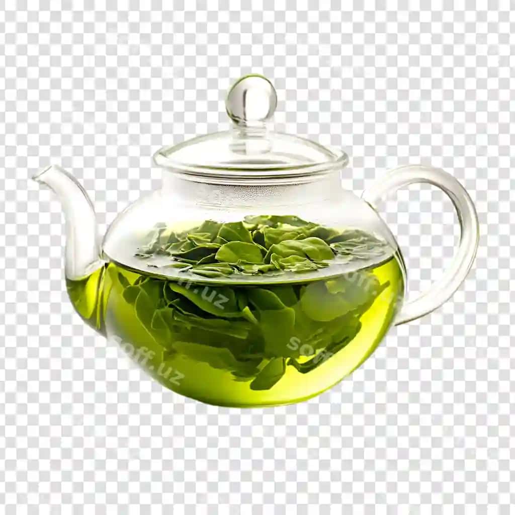 Yangi yashil choy barglari bilan to'ldirilgan shaffof shisha choynak | Clear glass teapot filled with fresh green tea leaves