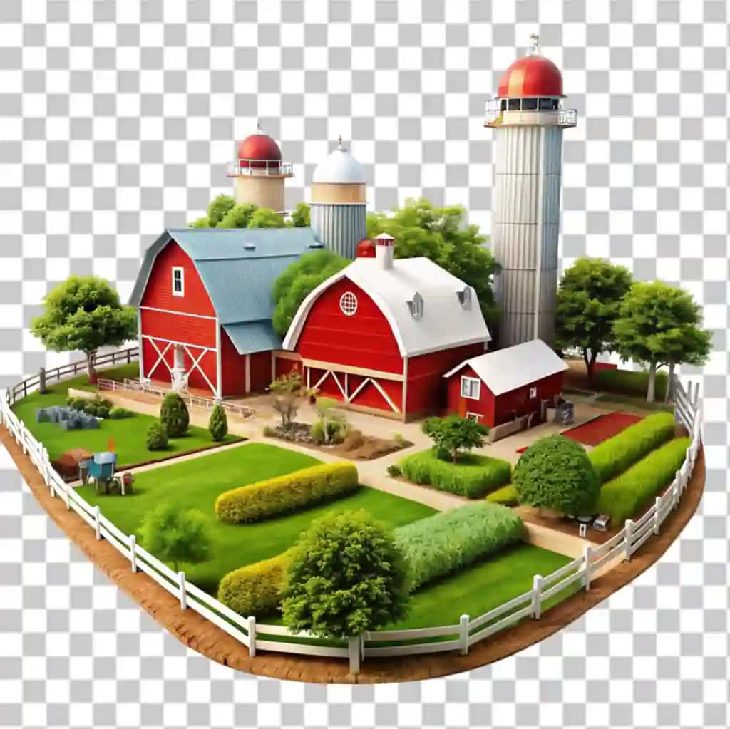 O'tloqli olma daraxti shaffof fon bilan qizil ombor | Red barn with meadow apple tree transparent background