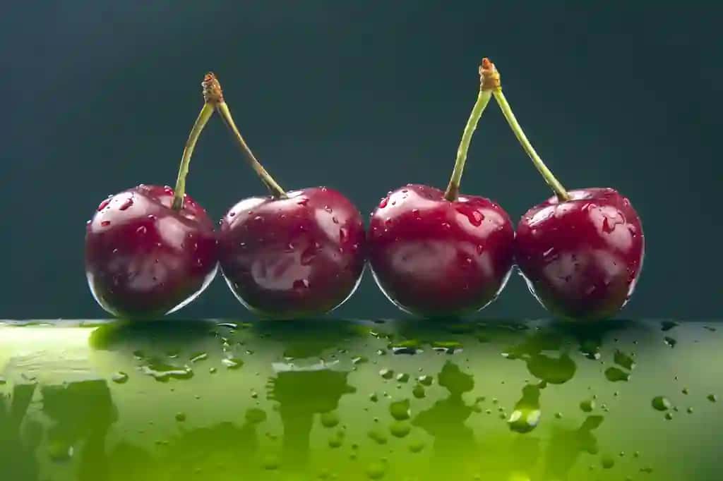 Suv tomchilari bilan yangi gilos mevasi yashil shisha | Fresh cherry berry with water droplets green bottle
