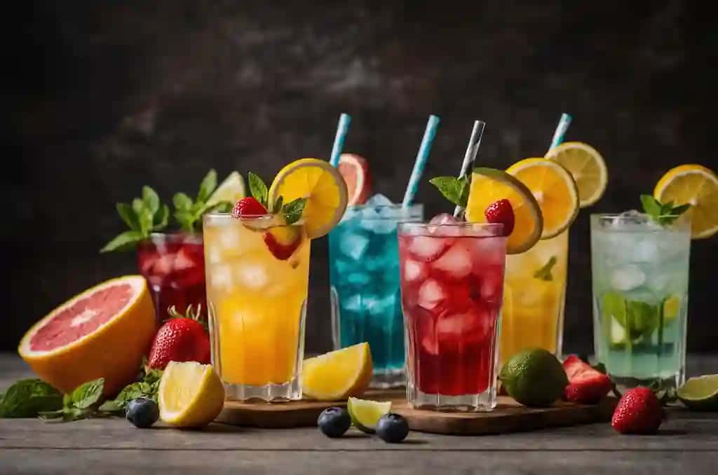 Turli xil rangli ichimliklar, jumladan qulupnay qulupnay qulupnayni tovoqlarga soling | Tray different colored drinks including strawberries strawberries strawberries