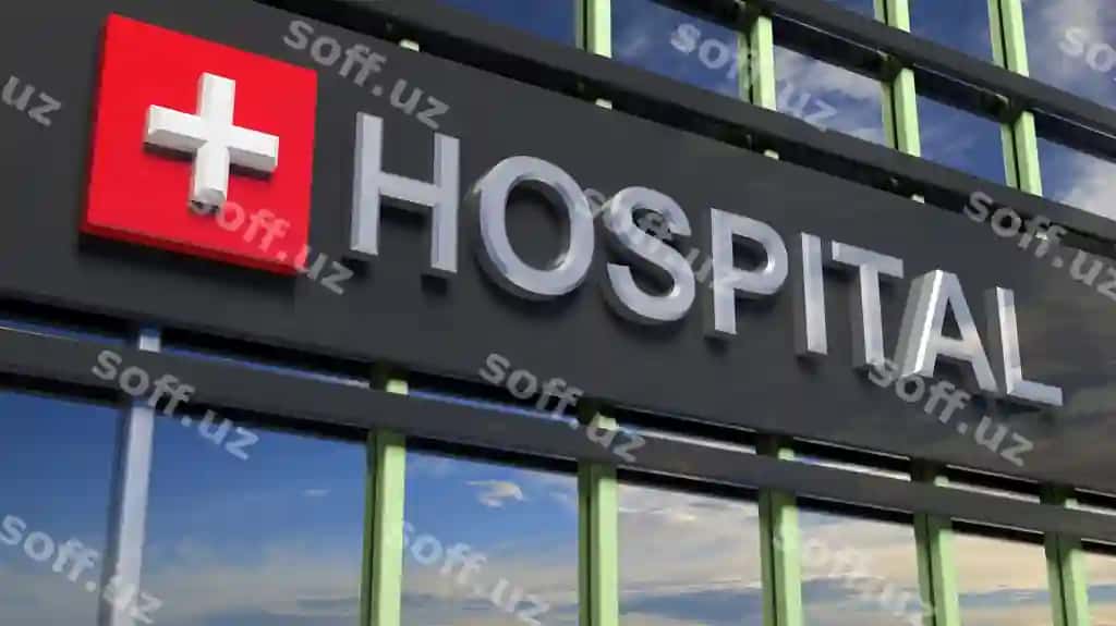 Osmonni aks ettiruvchi shisha bilan kasalxona binosi belgisining yaqindan ko'rsatilgan surati | Hospital building sign closeup with sky reflecting glass