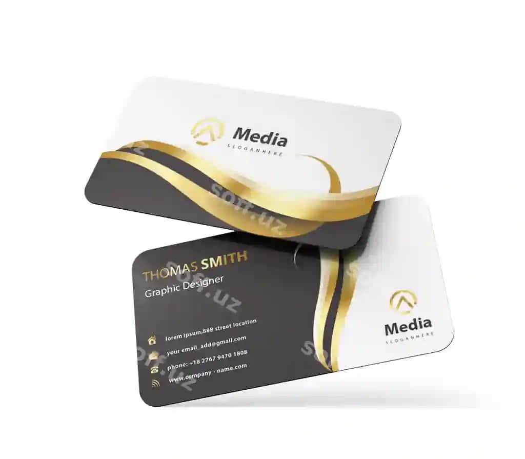 Oltin rangli qora bezaklar bilan bezatilgan nafis vizitka maketi | Elegant business card mockup with gold black accents