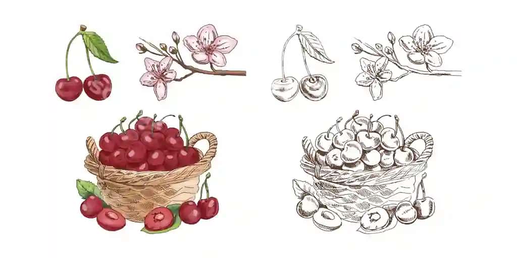 Qo'lda chizilgan vintage eskiz gilos mevalari savat gullari rangli monoxrom | Hand drawn vintage sketch cherry fruits basket blossoms color monochrome