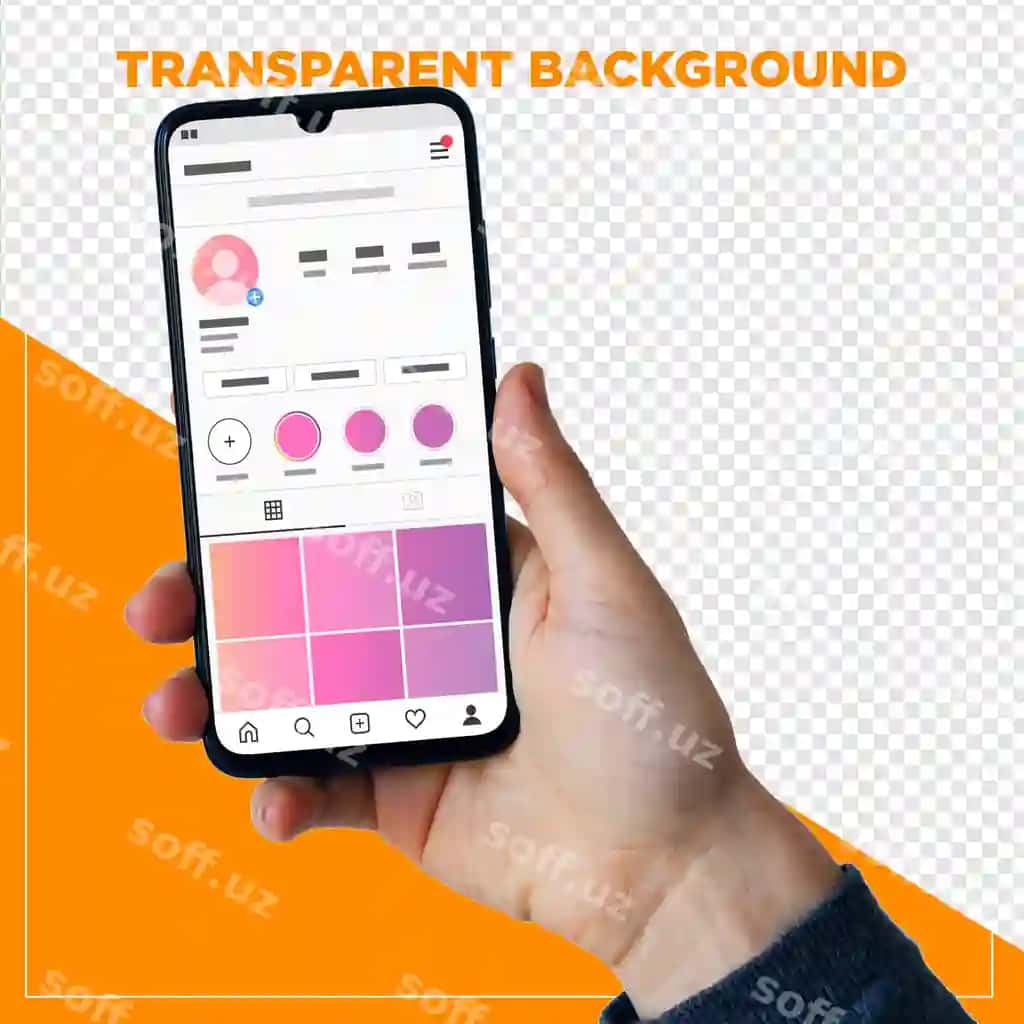 Shaffof fonga ega qo'lda ushlab turgan mobil telefonning maketini | Mockup hand holding mobile phone with transparent background