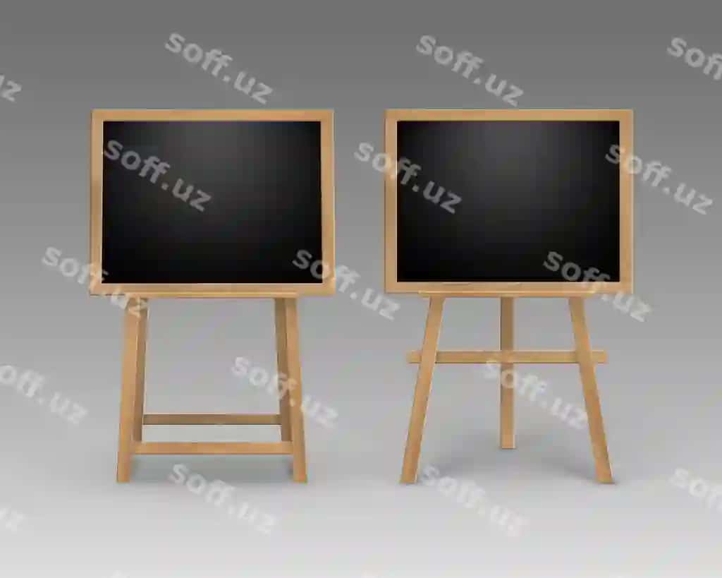 Yog'ochli stoyaklar to'plami bo'sh kvadrat qora doskalar bilan ajralgan | Set wooden easels with empty blank square black boards isolated