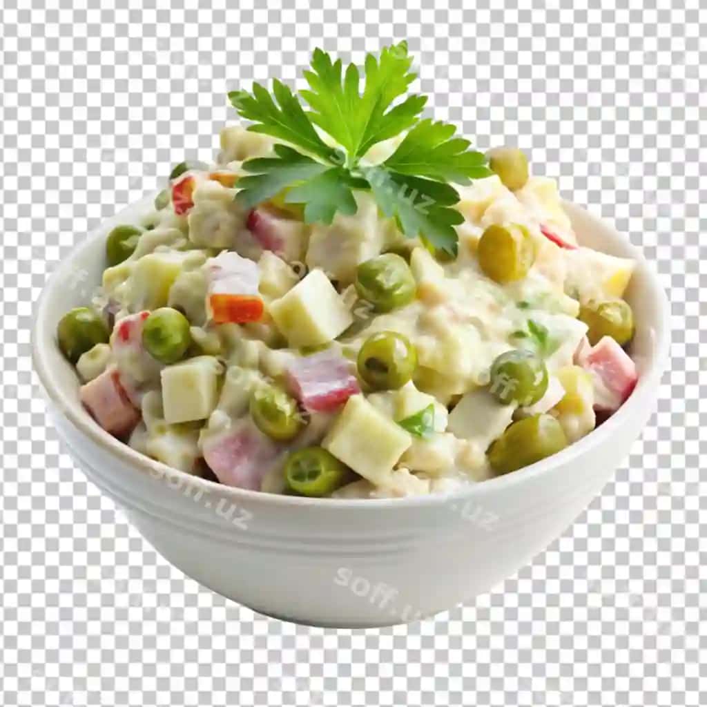 Olivier salati paxlali kichik baqlays shaffof fonda | Olivier salad with cornichons transparent background