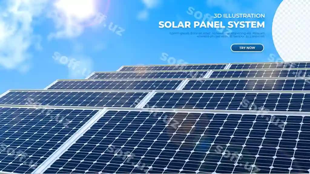 Realistik 3d illustratsiya quyosh paneli tizmasi osmon orqa fonda | Realistic 3d illustration solar panel system with sky bakground