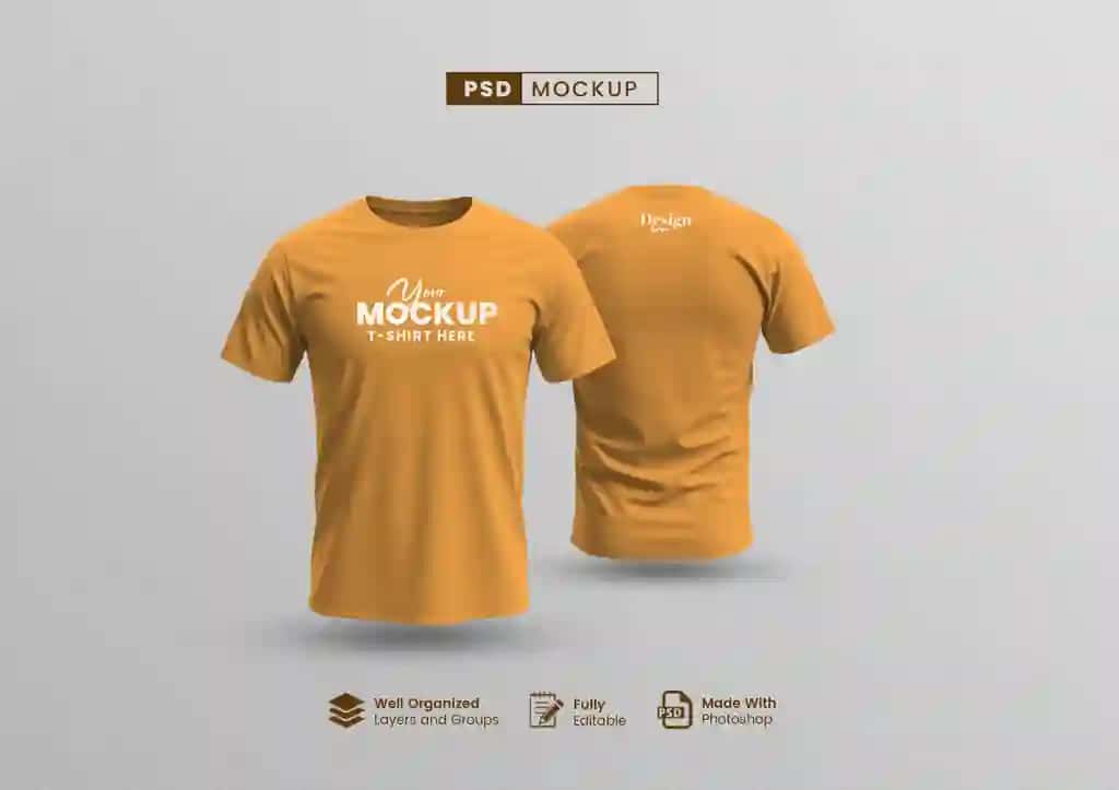 Oldindan orqa ko'rinishdagi to'q sariq rangli futbolka maketi | T shirt mockup front back view orange