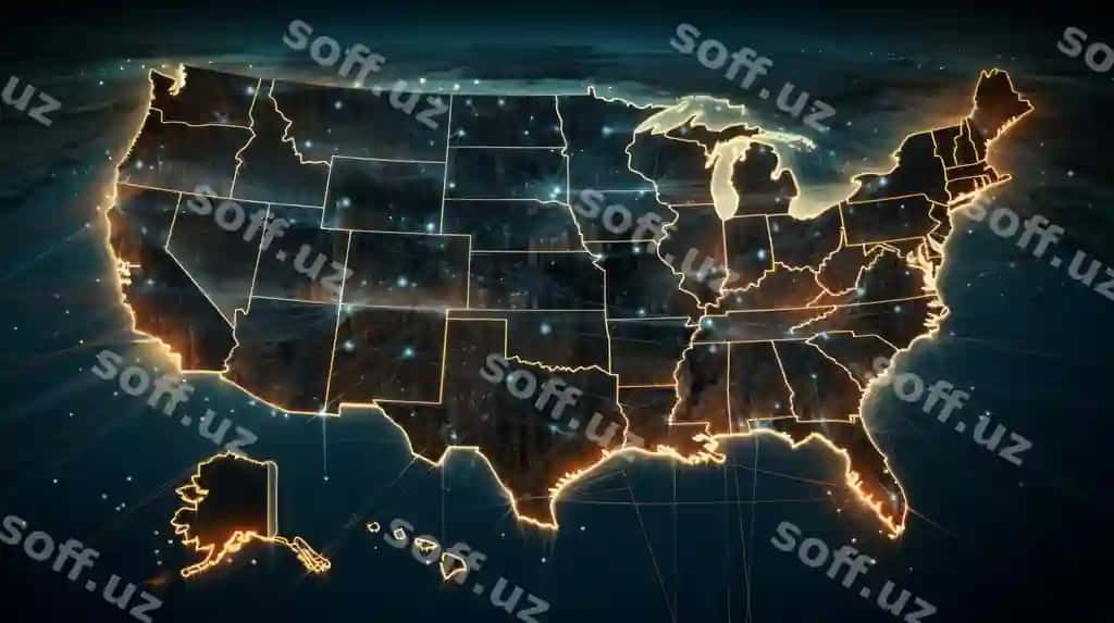 Raqamli illyustratsiya Amerika Qo'shma Shtatlari xaritasi generativ tarmoq ulanishlari bilan | Digital illustration united states map with glowing network connections generative ai