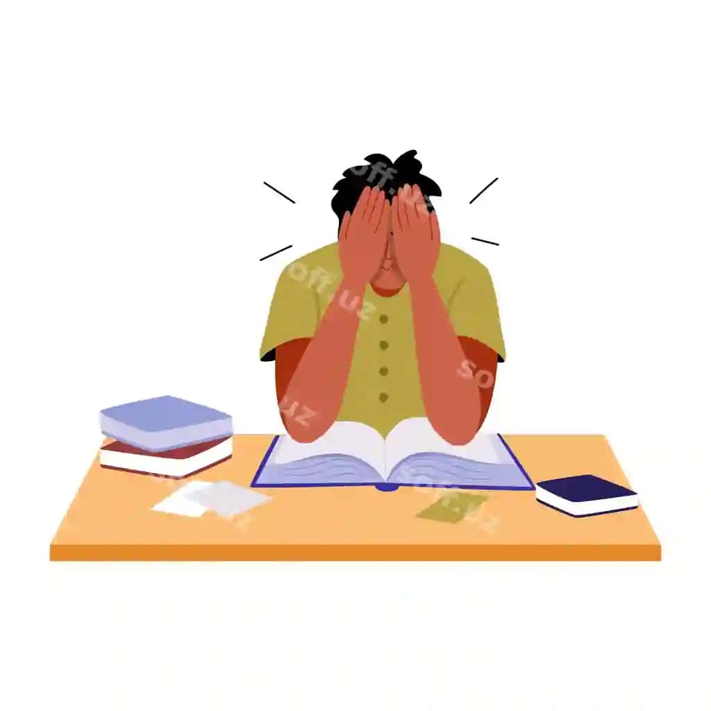 Stressli, yuzini berkitgan talaba kitoblar bilan o‘qishdan charchagan | Stressed student covering face overwhelmed by studying with books