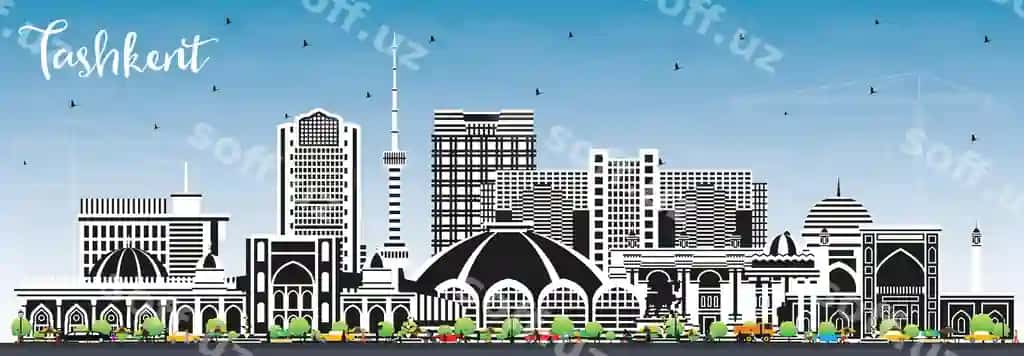 Toshkent, Oʻzbekiston shahri binolari bilan rangli binolar va koʻk osmon | Tashkent uzbekistan city skyline with color buildings blue sky