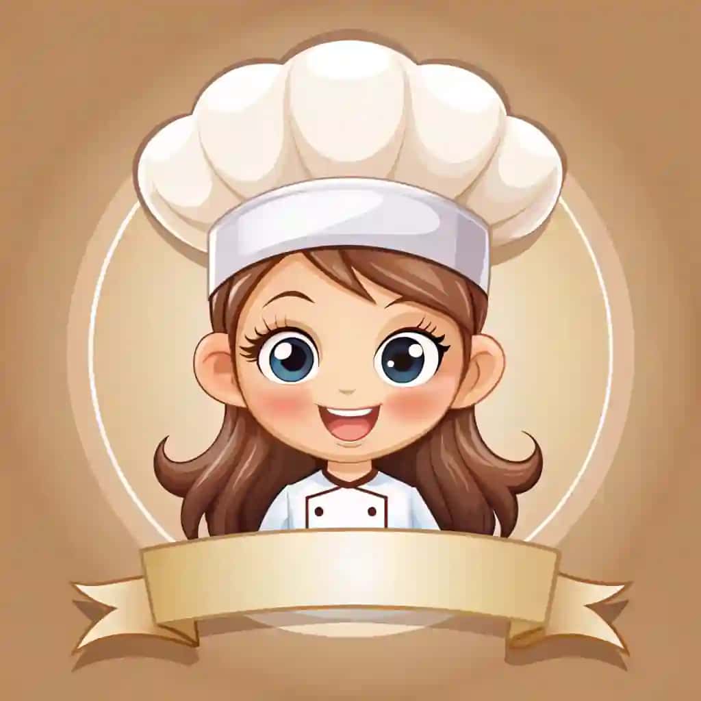 Matn qutisi banner logotipi multfilmi tasvirini ushlab kulib turgan yoqimli qizcha oshpaz | Happy cute girl chef smiling holding text box banner logo cartoon art illustration