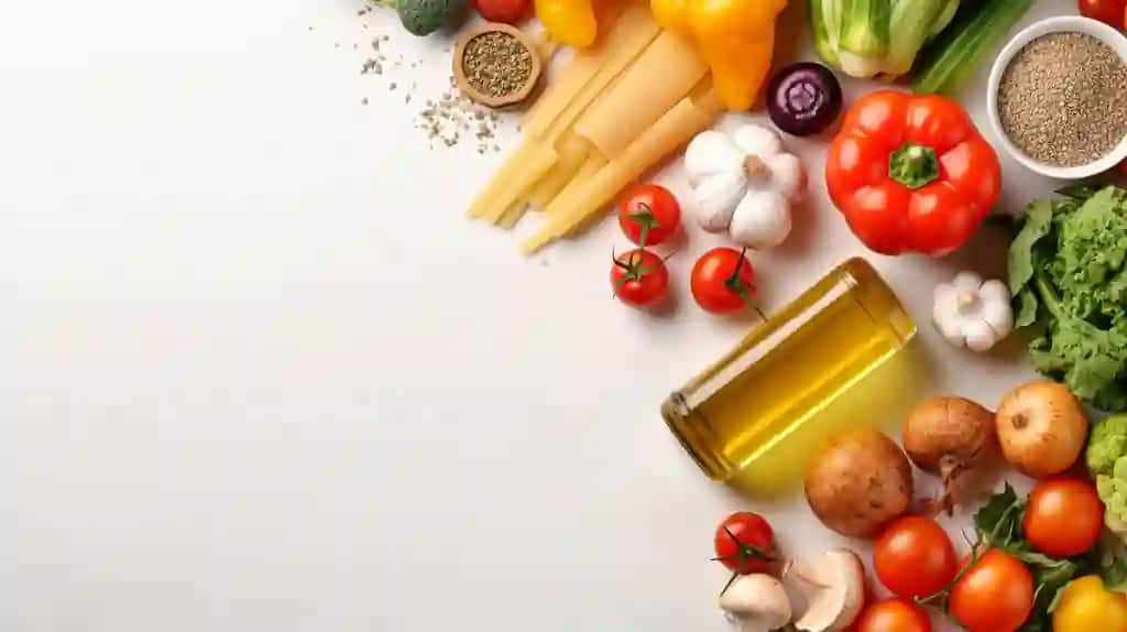 Sog'lom oziq-ovqat mahsulotlari oq fonda yuqori ko'rinishda generativ ai | Healthy food items top view against white background generative ai