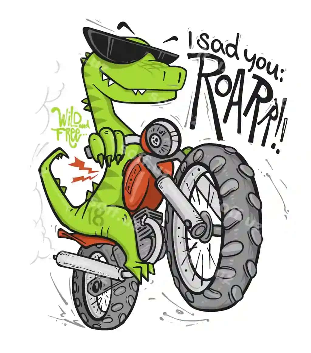 Dinozavr minadigan mototsikl vektorli bosma dizayn | Dinosaur riding motorbike vector print design