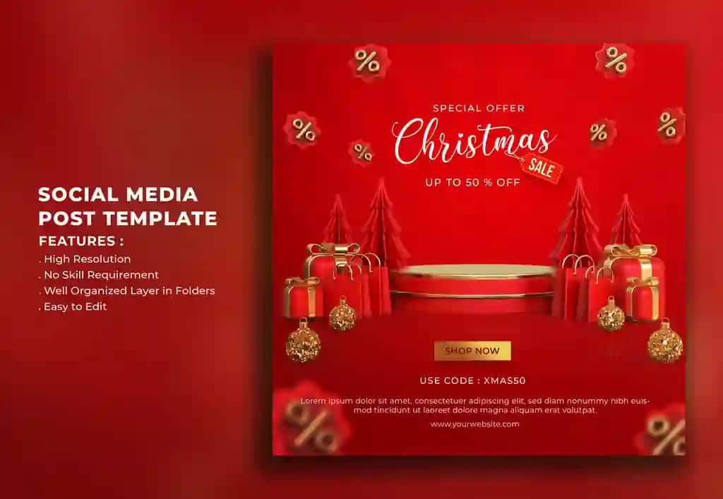 Haqiqiy 3D Rojdestvo sotuvi ijtimoiy media post shabloni | Realistic 3d christmas sale social media post template