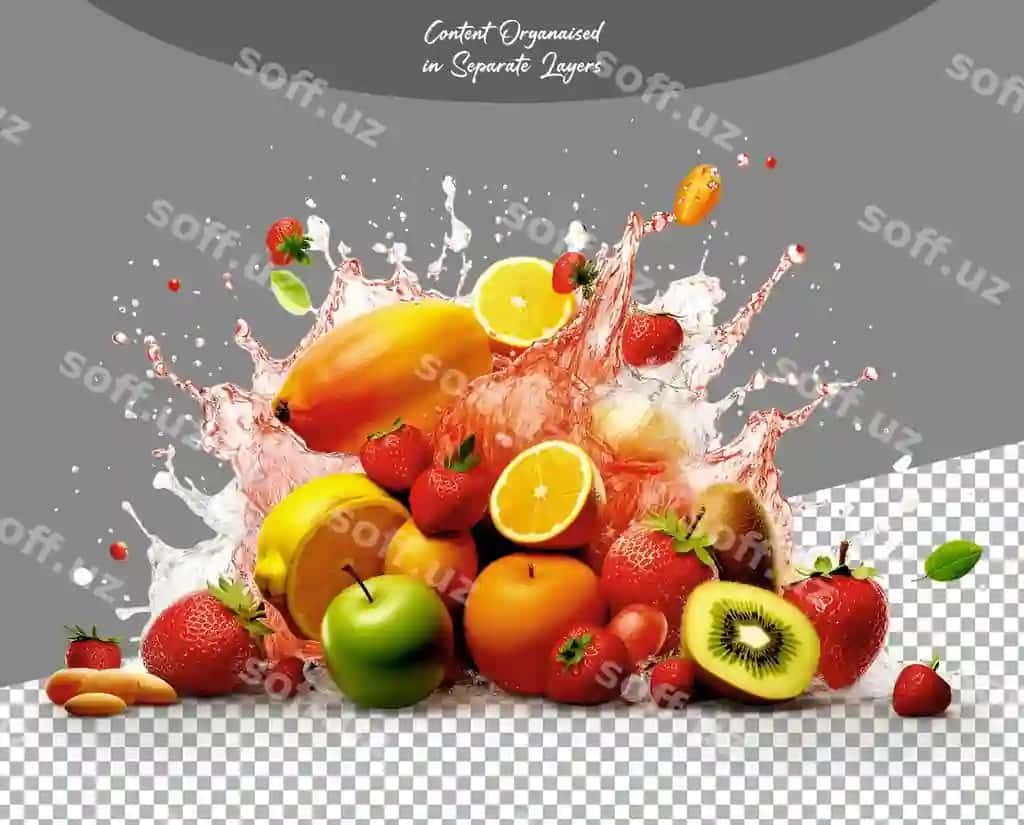 Meva chayqalishi bilan aralash mevalar izolyatsiyalangan shaffof fon | Mixed fruits with fruit splashes isolated transparent background