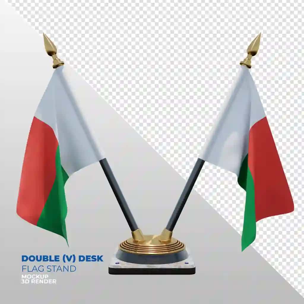 Madagaskar realistik 3D teksturali ikki stolli bayroq stend kompozitsiyasi | Madagascar realistic 3d textured double desk flag stand composition
