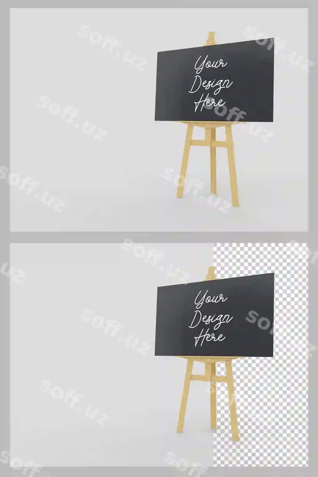 Gorizontal taxtali displey maketi bilan yog'och dastgoh | Wooden easel stand with horizontal chalkboard display mockup