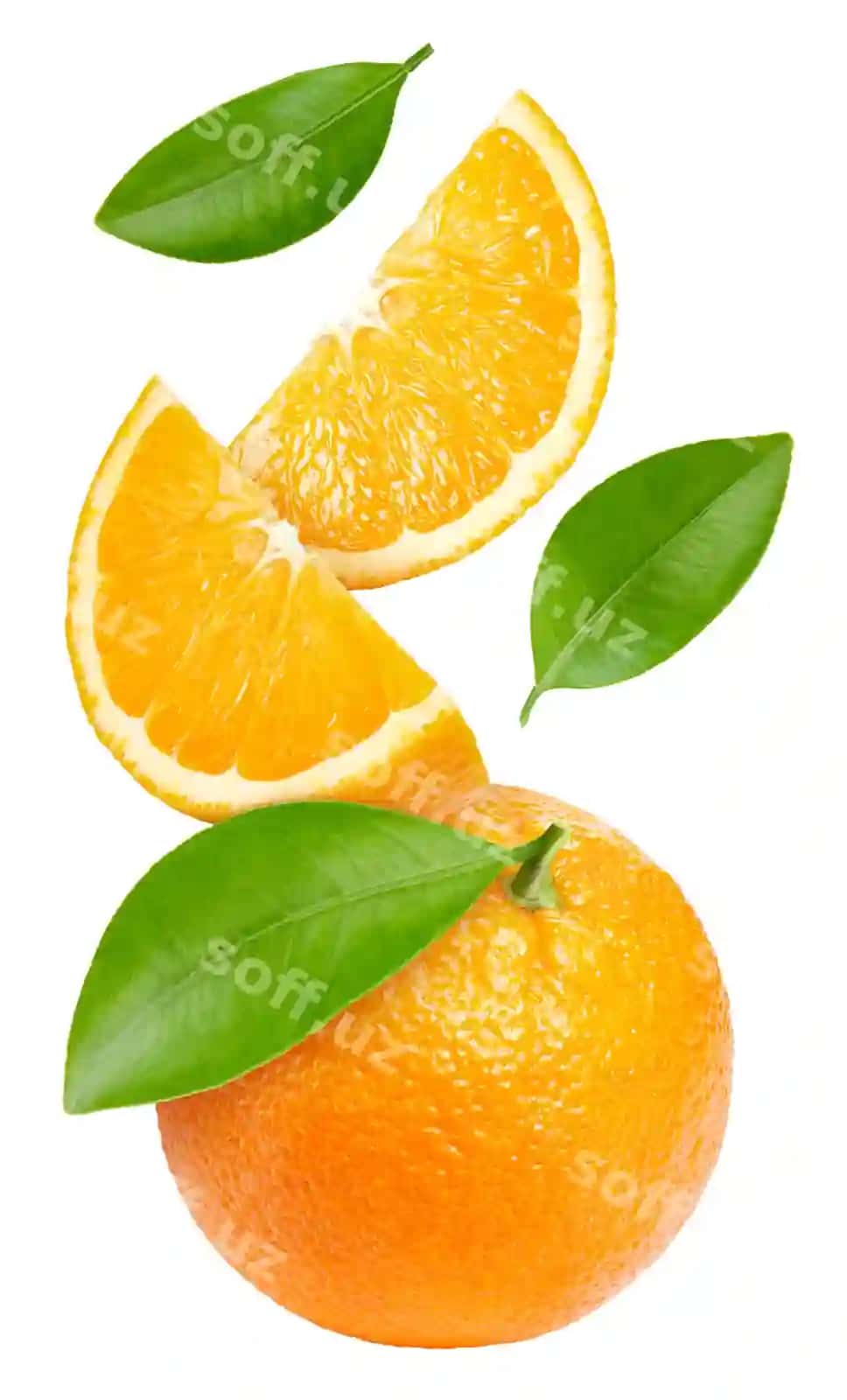 Apelsin barhi bilan ekzotik meva kesim ajraltirilgan oq fonda klippi yo'nalish to'liq chuqurlik maydoni | Orange with leaf exotic fruit with slice isolated white background clipping path full depth field