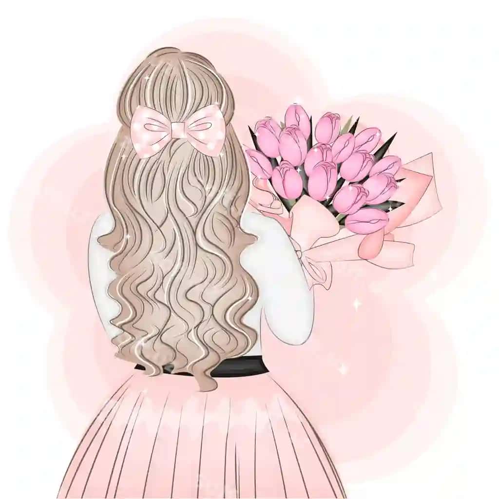 Lola guldastasi ko'rinishidagi zamonaviy qiz | Stylish girl with bouquet tulips view from back trendy vector illustration