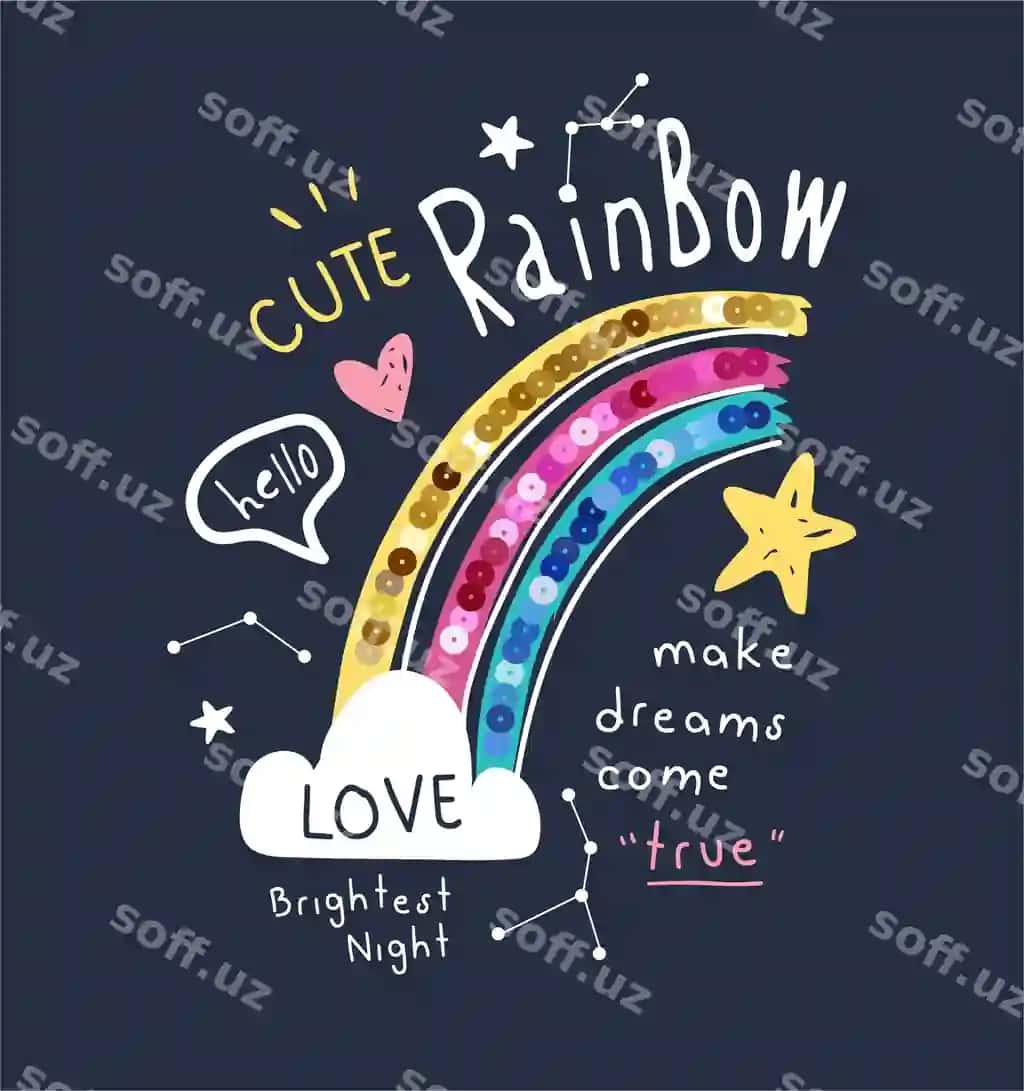 Kamalak shiori multfilm shaklidagi kamalak rangli payetkalar bilan qizlar modasi | Rainbow slogan with cartoon rainbow colorful sequins girl fashion
