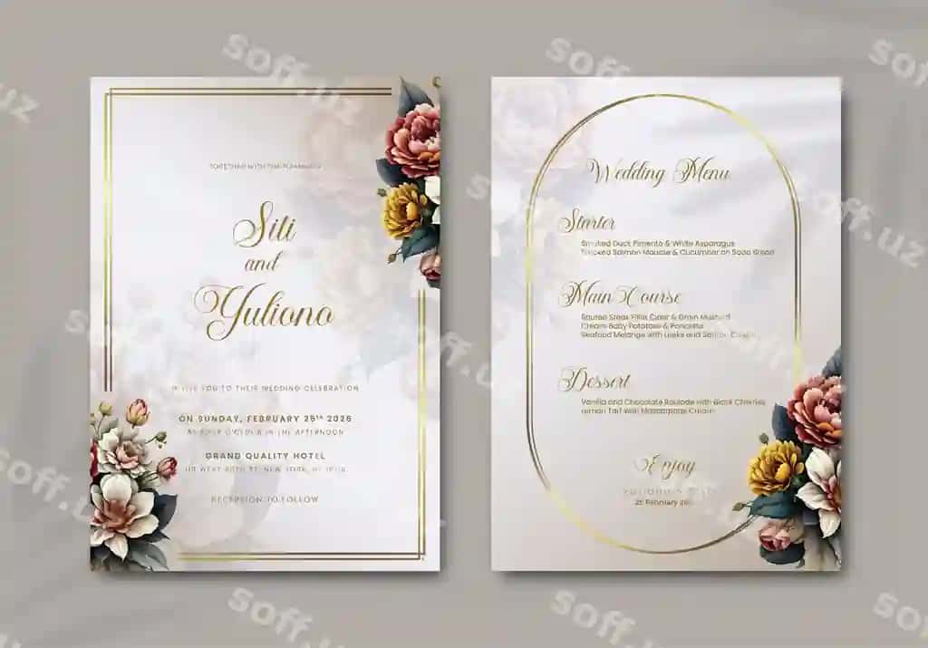 Elegant turli uylandi taklifnoma shabloni va gul illustratsiyasi | Elegant wedding invitation card template with flower illustration