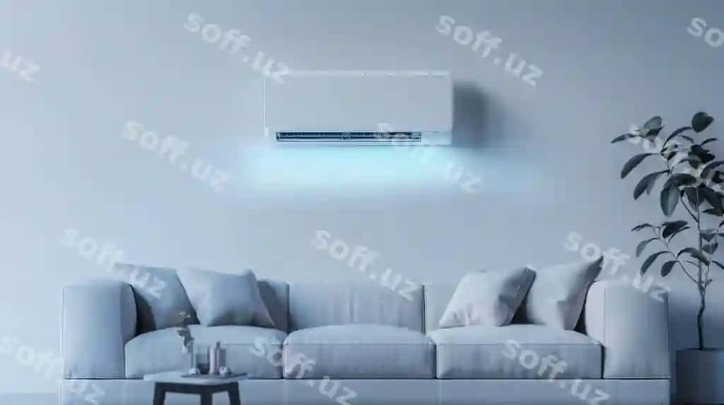Zamonaviy konditsioner devorga o'rnatilgan soyuq havni tarqatuvchi, oq divan qulay pilloqlar bilan bezatilgan, uydagi o'simliklar yashilikka sohib. | Contemporary air conditioning unit is installed wall distributing cool air white sofa adorned with comfortable cushions indoor plants add touch greenery