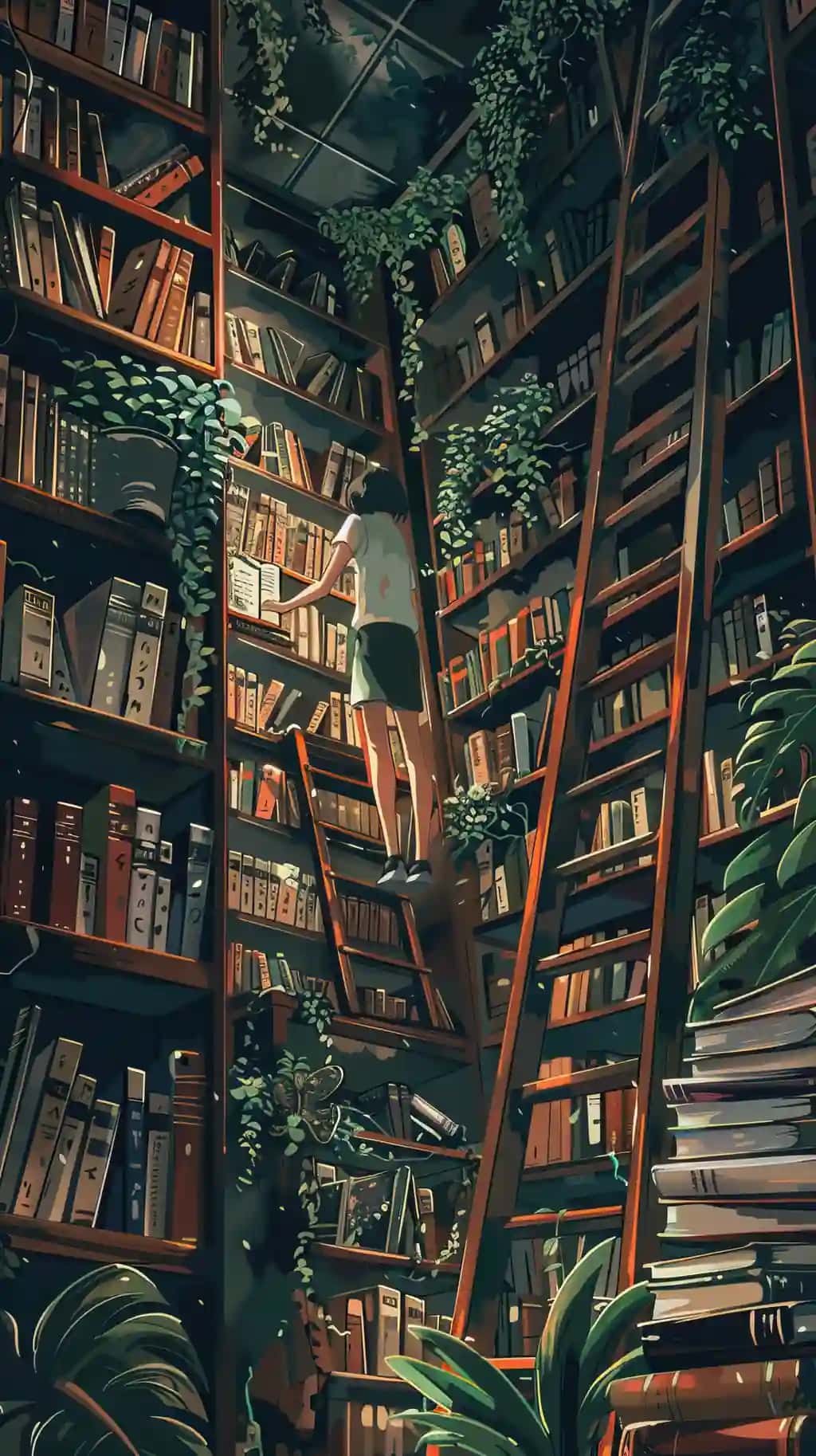 Illustrations odam ko'tarilish narvon qulay kutubxona kitob fon tekis karikatura uslubi ai | Illustrations person climbing ladder cozy library book background flat cartoon style ai